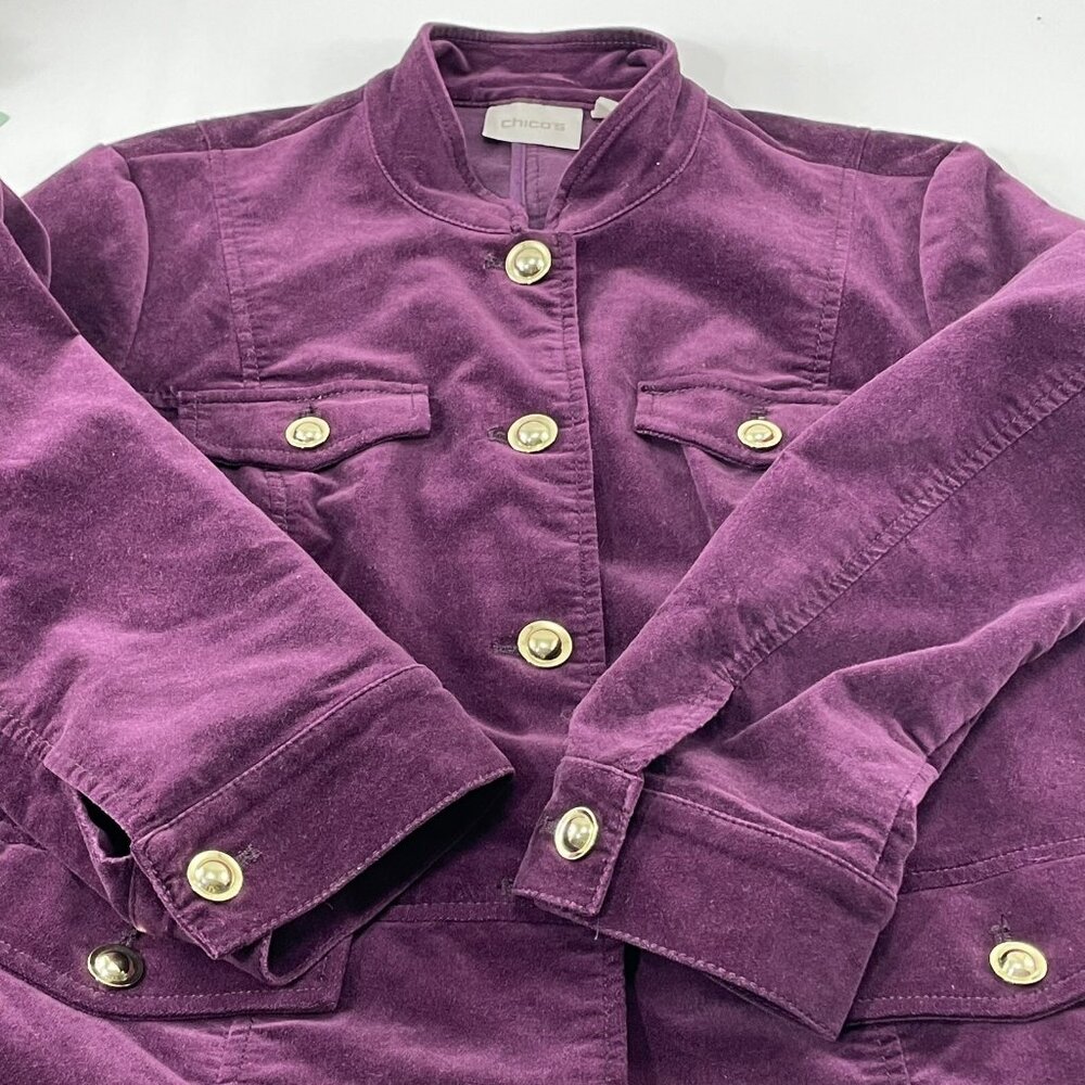 Chico Suit Jacket Coat Trench Women Size 1 Medium 8 Purple Velvet Military Retro - Picture 5 of 12